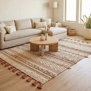Coastal Boho Cotton Area Rug with Blue Geometric Pattern for Living Room, Bedroom & Beach House Interiors - Product Image 3