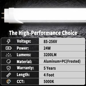 Lampada Fluorescente Tipo A+B da 4 Piedi, 24W 3200 LM 5000K Luce Diurna, Tubi LED Doppi Si da 48 Pollici, Sostituzione Tubi T10 T12 - Product Image 2