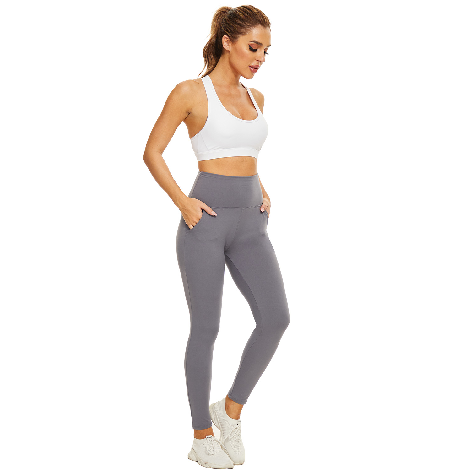 Wholesale 2026 New Year Custom Women's Mid Waist Solid Quick Dry Breathable Knitted Yoga Leggings with Pocket Hip Hop Style