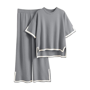 Ensemble de survêtement décontracté pour femme en coton bleu à manches courtes, col rond, coupe ample, respirant, couleur unie, pantalon long, idéal pour l'été - Product Image 3