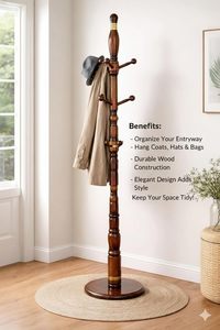 Porte-manteau traditionnel en bois massif avec 8 crochets, meuble de rangement autoportant pour entrée, design antique - Product Image 4
