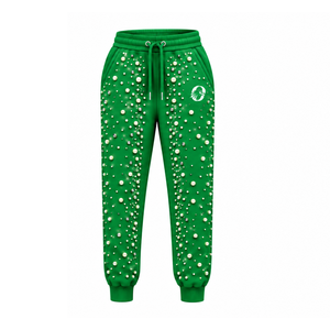 Green Pearl Beaded Jogger Pants <b>Women</b> Luxury Embellished Drawstring Sweatpants Casual Streetwear Fleece <b>Trousers</b> With Pockets - Product Image 1