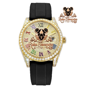 Reloj Digital de Lujo en Tono Dorado con Movimiento ETA, Alarma, Bisel con Cristales, Esfera con Números Romanos y Correa de Goma Negra - Product Image 1