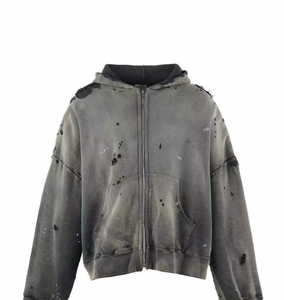 Oversized <b>Crop</b> <b>Zip</b>-<b>Up</b> <b>Hoodie</b> Men's Solid Color French Terry Sweatshirt With Spray Printing And Washed Effect OEM ODM - Product Image 1