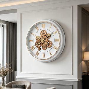 Moving gear wall <b>clock</b> 18 inch white vintage rustic frame with <b>silent</b> bronze metal Roman numerals for home décor - Product Image 4
