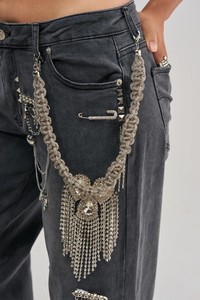 Jeans Unisex de Mezclilla, Cintura Media, Corte Holgado, Estilo Bohemio, con Cadena de Pedrería Bordada, Pierna Ancha, Color Gris - Product Image 3