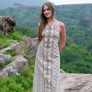Vestido Largo de Verano para Mujer, Estilo Bohemio, Estampado Geométrico, Tirantes Finos, Lino y Algodón, Silueta Recta - Product Image 1