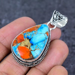Pendentif goutte d'eau incrusté d'huître épineuse naturelle, serti en canal, plaqué argent 925, style bohème, breloque solitaire, cadeau unisexe, bijoux - Product Image 3