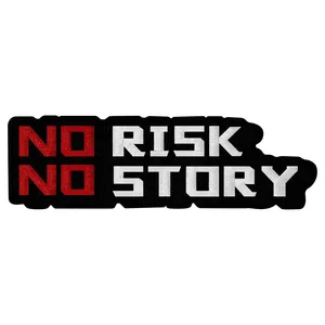 Patch brodé thermocollant « No Risk No Story » en feutre noir, rouge et blanc, forme irrégulière, pour décoration - Product Image 1