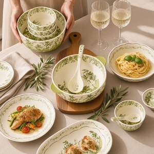 Nouvelle collection 2026 : Service de table en céramique motif muguet nordique, motif botanique vert, comprenant bols, assiettes et cuillères – OEM - Product Image 2