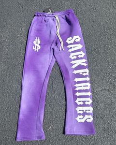 Pantalon de jogging en molleton avec logo personnalisé pour hommes, pantalon de survêtement évasé à motif solide et imprimé bouffant 3D, en éponge française baggy, en tissu usé décontracté - Product Image 2