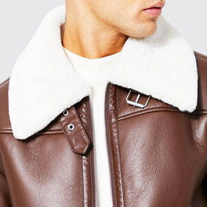 Veste de moto pour homme en cuir véritable doublée de sherpa, imperméable, respirante, coupe-vent, col rabattable, fermeture éclair, manteau d'hiver - Product Image 5