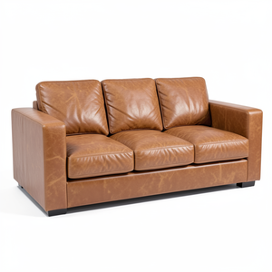 Sofá Moderno de Cuero Genuino con Brazos Cuadrados y Estructura de Madera para Espacios de Sala de Estar Contemporáneos, Muebles Modernos para el Hogar - Product Image 1