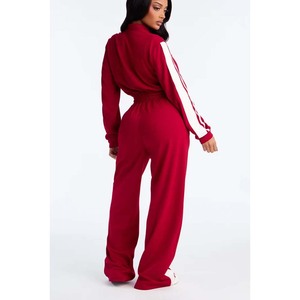 Mono azul marino para mujer, de manga larga, cintura alta, pantalón de pierna ancha, con rayas laterales, estilo casual urbano, tejido transpirable, largo completo. - Product Image 6