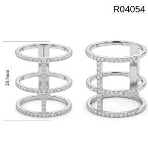 Anillo de oro blanco de 18 quilates al por mayor, diseño de jaula de triple banda, con múltiples filas de diamantes, escalera geométrica, anillo llamativo, OEM personalizado - Product Image 4