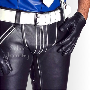 Nouveau pantalon en cuir ajusté pour hommes décoration vintage taille moyenne bouton braguette motif droit vêtements gai vêtements en cuir pantalon de mode - Product Image 3