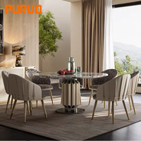 Ensemble de table à manger ronde personnalisable 6 places, base en métal noir, grand plateau en marbre avec centre rotatif en marbre pour cuisine et salon