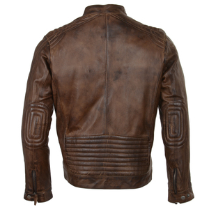 Men's Brown Cow Leather Moto Jacket Stand Collar Zipper Closure Regular Sleeve Autumn Biker Style Solid Color Slim Fit - Product Image 3