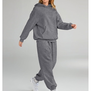 Women Gray Hooded 2 in 1 Winter Tracksuit Set Solid Color Casual Regular Fit Full Length <b>Sweatshirt</b> Pants Side Pockets - Product Image 5