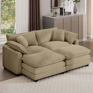 Tan Corduroy Two-Seater <b>Sofa</b> with 2 Footrests and Ottoman for <b>Small</b> Living Spaces for Your Living Room - Product Image 1