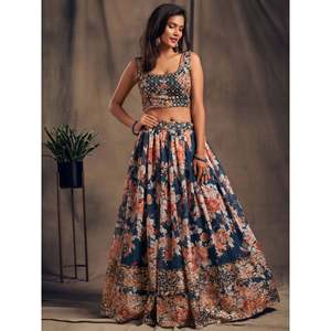 Lehenga Choli en Organza Imprimé Fleurs Bleues Semi-Couture Zeel Clothing - Product Image 2