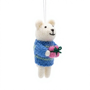 Handmade Eco-Friendly Needle <b>Felted</b> Bear <b>Ornament</b> with 100% Wool Pink Flower Blue Sweater Cartoon Animal <b>Christmas</b> Decoration - Product Image 3