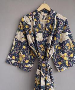 Robe Kimono Femme Fait Main 100% Coton Vintage à Motifs Floraux, Manches Longues, Col en V, Imprimé Bouffant, Robes Décontractées pour l'Été et le Quotidien - Product Image 1