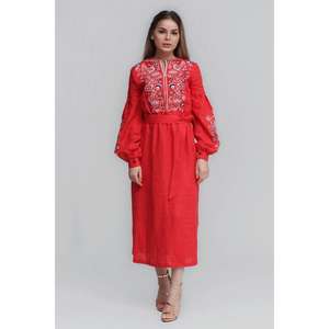 Vestido midi de algodón rojo bordado para mujer, vestido largo étnico bohemio con mangas largas y cinturón en la cintura - Product Image 1