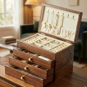 Solid Wood Multi Tier Jewelry <b>Box</b> Premium Organizer Storage Case for Earrings Necklaces Bracelets & High-End Jewelry <b>Box</b> - Product Image 5