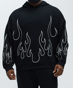 Sweat-shirt à capuche noir pour homme avec imprimé flamme blanche, coupe oversize, streetwear, coton, molleton français, pull-over, coupe classique, vêtements d'automne - Product Image 2