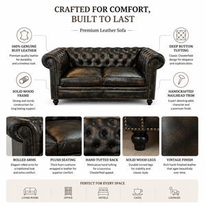 Elegant 2 Seater Chesterfield <b>Sofa</b> Genuine Leather with Rolled Arms Tufted Backrest and Solid Wood <b>Legs</b> Compact Couch - Product Image 3