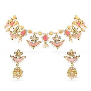 Ensemble collier et boucles d'oreilles plaqué or avec motif de fleurs en émail rose pour femmes, bijoux de mariage - Product Image 1