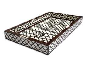 Plateau de service rectangulaire moderne fait main, écologique et durable, avec incrustations en os, poignées décoratives florales bleues, pour café et Diwali - Product Image 2