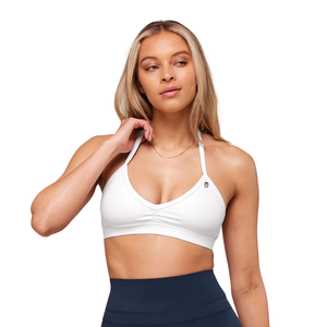 Top Deportivo Halter para Mujer con Logotipo Personalizado, de Nailon y Spandex, con Fruncido Frontal, Transpirable, para Yoga, Gimnasio, Fitness y Entrenamiento, Color Blanco Sólido - Product Image 1