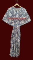 Robe Kimono Élégante Grise à Motifs Floraux Imprimés à la Main en Coton pour Femme, Style Bohème Chic, Longue, Taille Plus, Ethnique, Artisanale, Taille Haute, Col en V