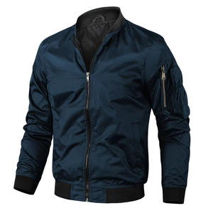 Wholesale Plain Men Bomber Jacket <b>Lightweight</b> Front Zipper Pockets Ribbed Trim <b>Coat</b> - Product Image 3