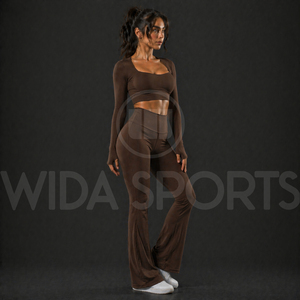 Ensemble de vêtements de sport pour femmes personnalisé, pantalon de yoga évasé, leggings taille haute, haut court à manches longues, vêtements de fitness pour la salle de sport - Product Image 3