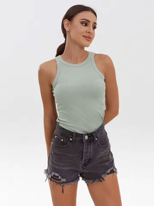 Women Solid O-Neck Ribbed Tank <b>Top</b> Casual Sleeveless Crop <b>Top</b> Breathable Knitted Cotton Spandex Front Logo - Product Image 5