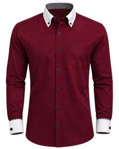 Chemise habillée rouge ajustée sur mesure pour homme, manches longues, boutonnée, col et poignets contrastants, formelle et décontractée, pour le bureau, en mélange de coton, OEM - Product Image 1