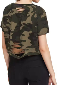 Custom Women’s <b>Distressed</b> Crop T-Shirt Short Sleeve Camouflage Print Summer <b>Top</b> - Product Image 5