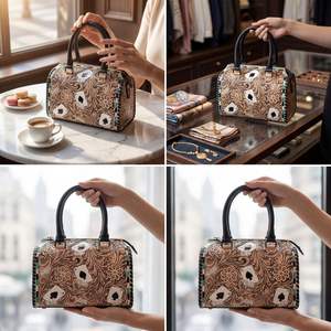 Sac de voyage de luxe en cuir véritable 100% pour femme, motif floral sculpté à la main, sac de week-end portable et rapide, haute qualité - Product Image 4