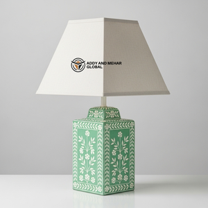 Lanterne de table artisanale en os vert incrusté, motif floral, lampe de chevet décorative carrée de luxe avec abat-jour en tissu pour la maison - Product Image 1