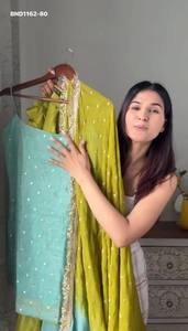 Ensemble prêt-à-porter haut et dupatta en soie Chinon de créateur, avec broderie de fils à paillettes, sans manches, coupe élastique, fournisseur indien - Product Image 2