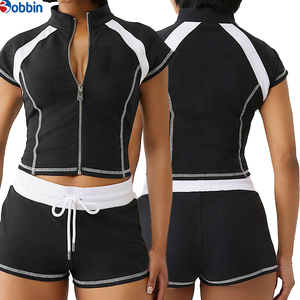 Conjuntos Deportivos Cortos de Verano Estilo Hip Hop, de Algodón Transpirable de Secado Rápido y Ecológicos, de Manga Corta para Mujer, 2 Piezas, Chaqueta con Cremallera y Pantalones Cortos - Product Image 6