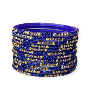 Bracelets en verre bleu profond brillant, plaqués or et ornés d'imitations de perles, ensemble tendance pour mariage et occasions festives - Product Image 2