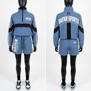 Conjunto Cortavientos para Mujer de Tela Taslan de Poliéster de 120 GSM de Calidad Premium, Diseño de Paneles Azul, Negro y Beige, Logotipo Personalizado Bordado - Product Image 2