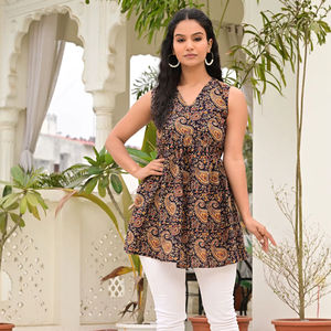 Débardeur en coton noir à imprimé cachemire pour femme, col en V, sans manches, tunique décontractée - Product Image 1