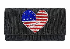 Pochette de soirée artisanale perlée motif cœur drapeau américain pour femme – Sac à main de fête et de mariée - Product Image 5