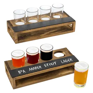 Ensemble de 2 plateaux d'échantillonnage en bois de pin brun brûlé foncé rustique pour 4 porte-verres à bière avec étiquettes effaçables sur tableau noir