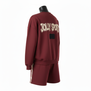 Conjunto de Sudadera y Pantalones Cortos para Mujer, Algodón GSM, Felpa de Poliéster, Color Granate, Cinta Lateral con Logotipo Bordado - Product Image 5